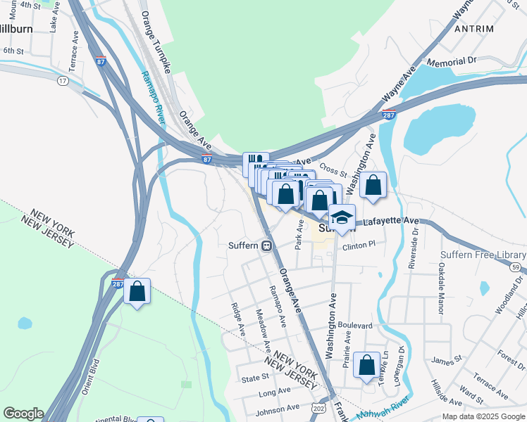 map of restaurants, bars, coffee shops, grocery stores, and more near 120 Orange Avenue in Suffern