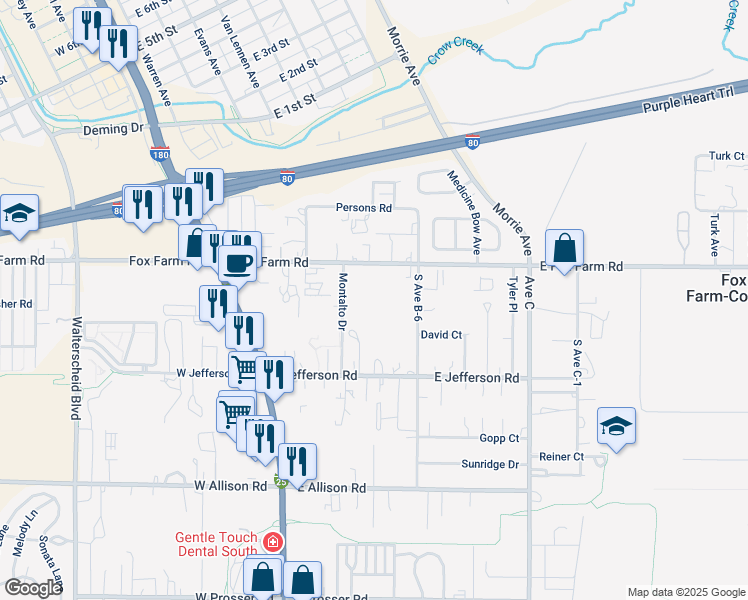 map of restaurants, bars, coffee shops, grocery stores, and more near 242 South Avenue B-6 in Cheyenne