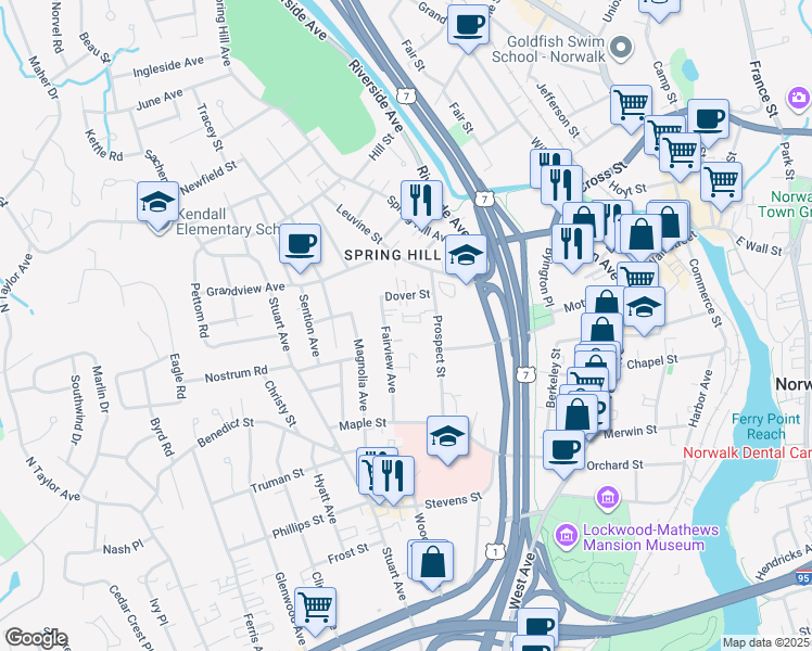 map of restaurants, bars, coffee shops, grocery stores, and more near 18 Fairview Avenue in Norwalk