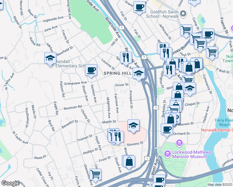 map of restaurants, bars, coffee shops, grocery stores, and more near 18 Fairview Avenue in Norwalk