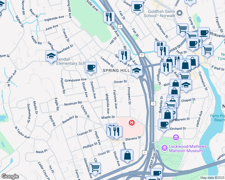 map of restaurants, bars, coffee shops, grocery stores, and more near 76 Magnolia Avenue in Norwalk