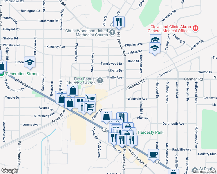 map of restaurants, bars, coffee shops, grocery stores, and more near 1630 Garman Road in Akron