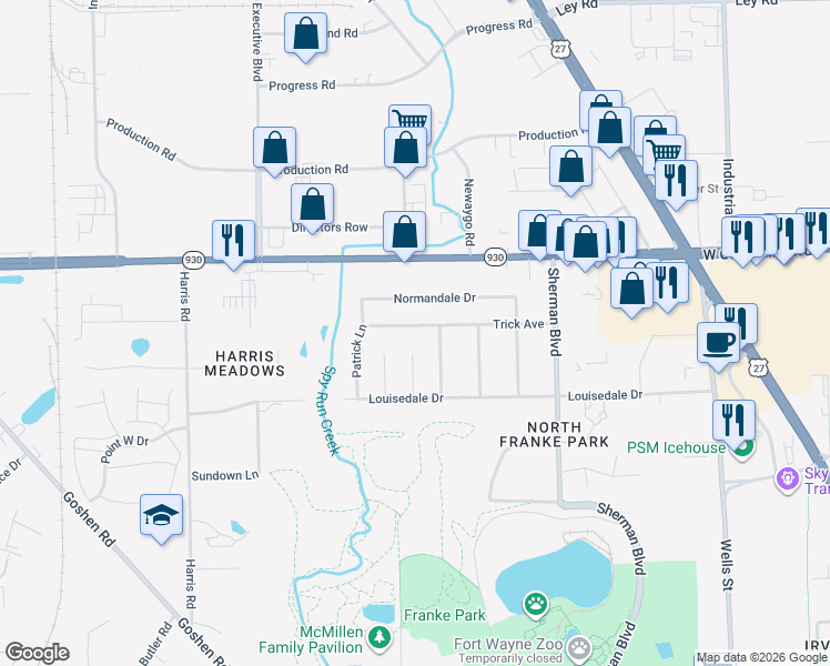map of restaurants, bars, coffee shops, grocery stores, and more near 4112 Aspen Court in Fort Wayne