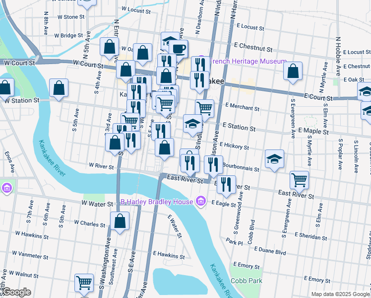 map of restaurants, bars, coffee shops, grocery stores, and more near 381 East Bourbonnais Street in Kankakee