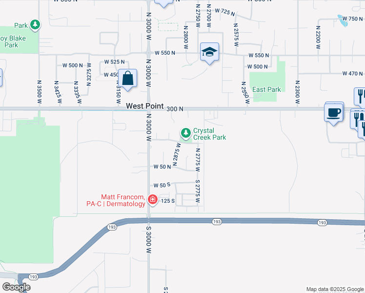 map of restaurants, bars, coffee shops, grocery stores, and more near 2851 West 175 North in West Point