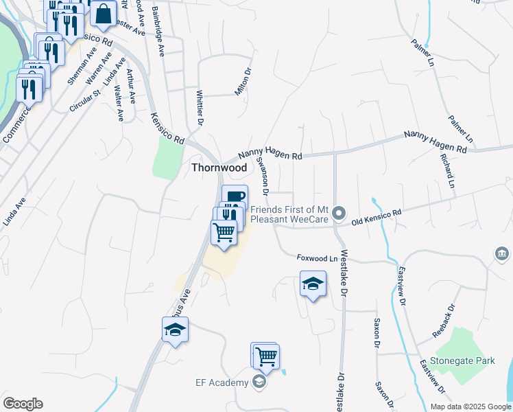 map of restaurants, bars, coffee shops, grocery stores, and more near 474 Swanson Drive in Thornwood
