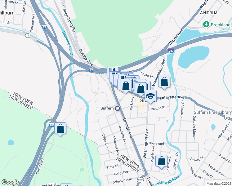 map of restaurants, bars, coffee shops, grocery stores, and more near 120 Orange Avenue in Suffern