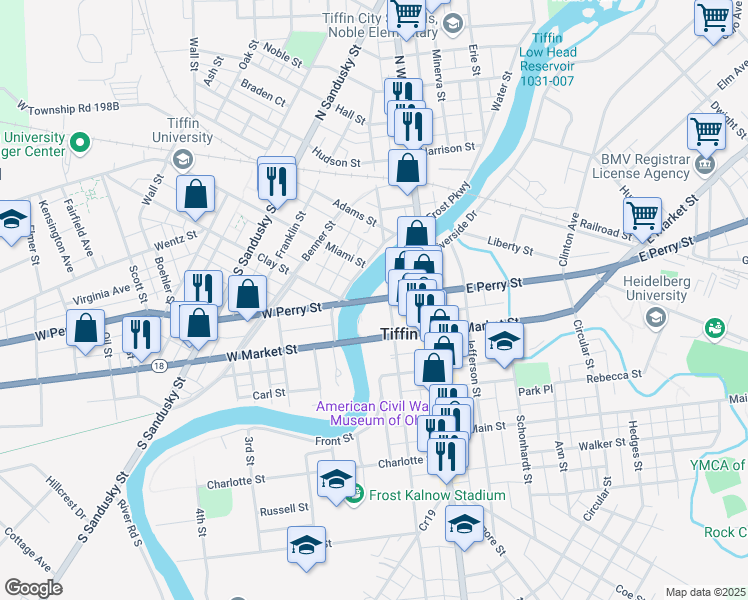 map of restaurants, bars, coffee shops, grocery stores, and more near 18 East Perry Street in Tiffin