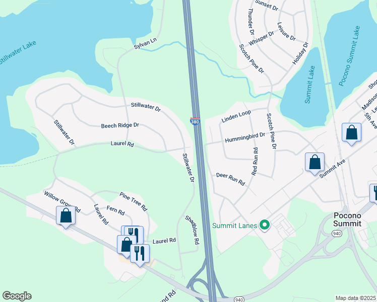 map of restaurants, bars, coffee shops, grocery stores, and more near 232 Stillwater Drive in Pocono Summit