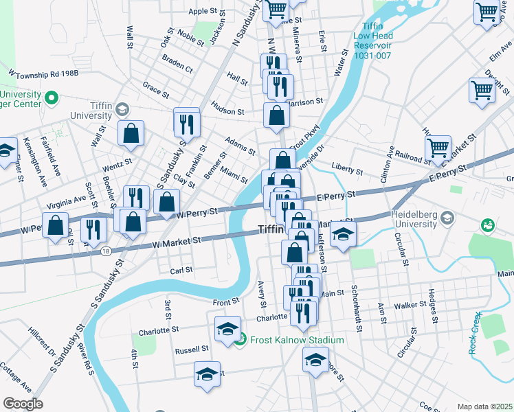 map of restaurants, bars, coffee shops, grocery stores, and more near 18 East Perry Street in Tiffin
