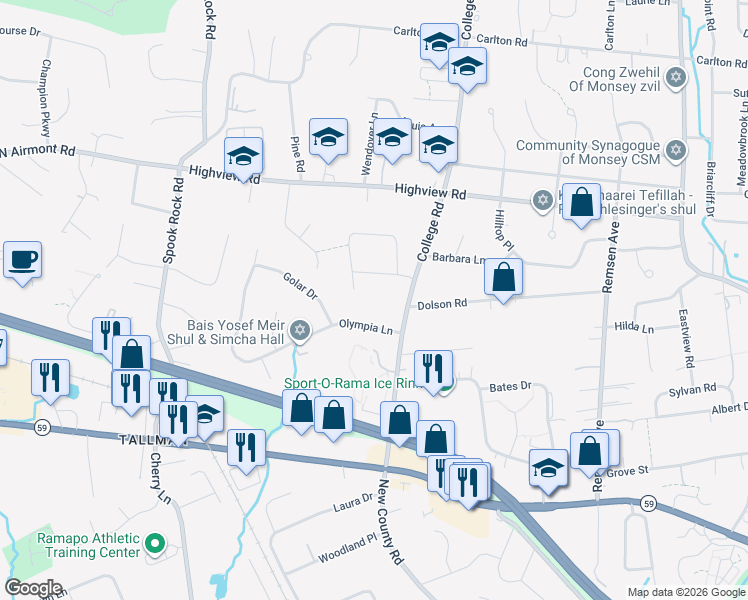 map of restaurants, bars, coffee shops, grocery stores, and more near 6 Olympia Lane in Monsey