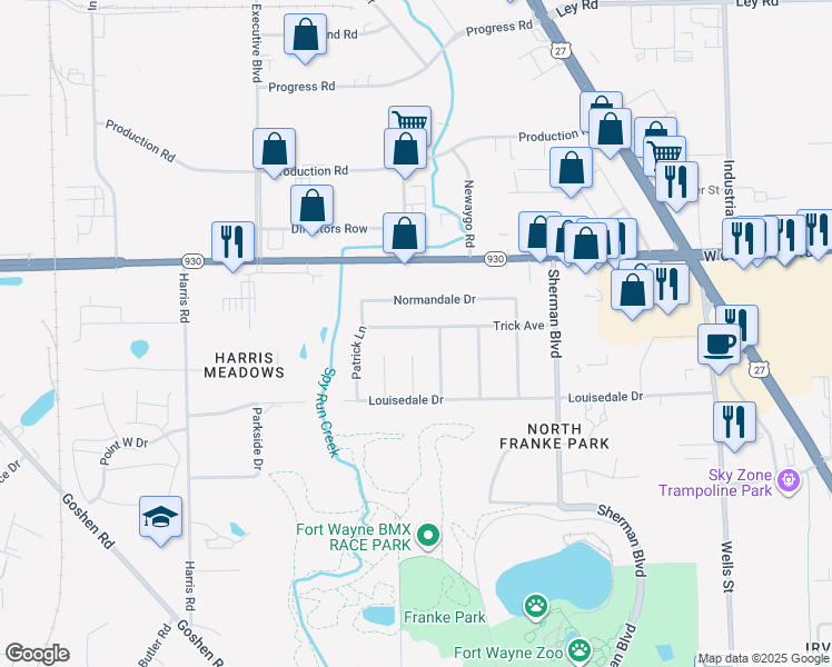 map of restaurants, bars, coffee shops, grocery stores, and more near 4112 Aspen Court in Fort Wayne