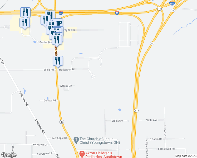 map of restaurants, bars, coffee shops, grocery stores, and more near 655 North Canfield Niles Road in Youngstown