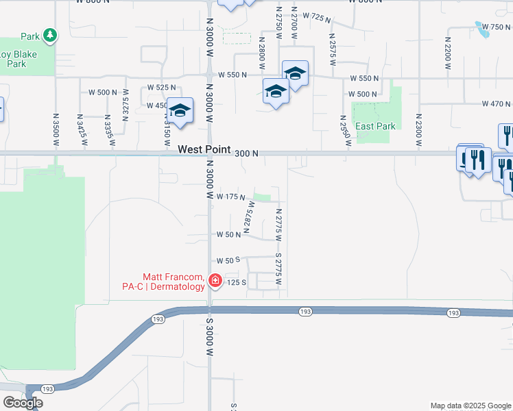 map of restaurants, bars, coffee shops, grocery stores, and more near 2851 West 175 North in West Point