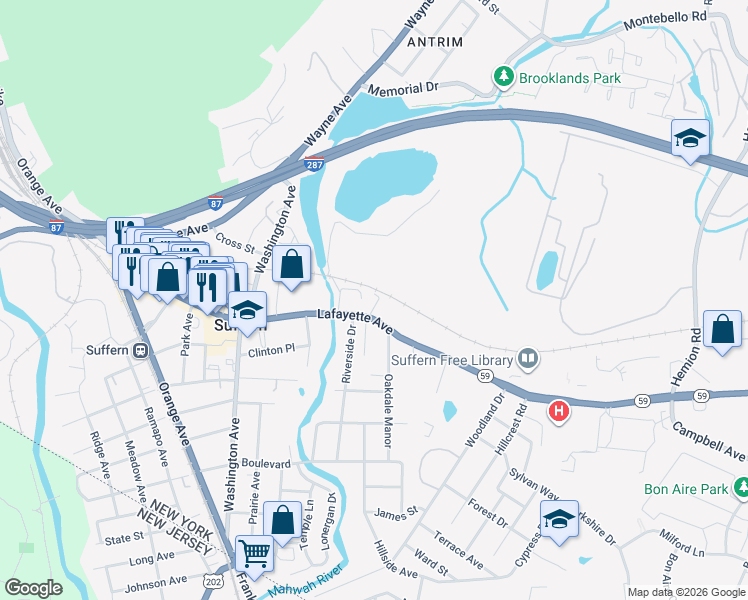 map of restaurants, bars, coffee shops, grocery stores, and more near 4 Cedar Lane in Suffern