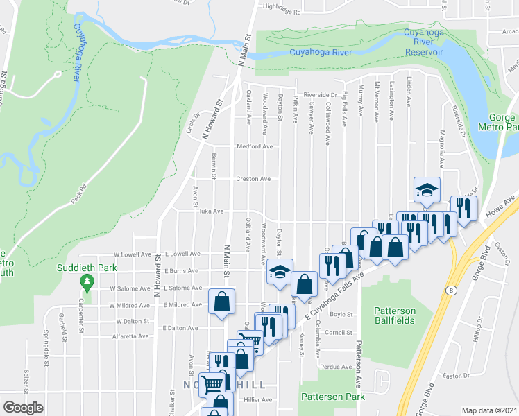 map of restaurants, bars, coffee shops, grocery stores, and more near 1106 Woodward Avenue in Akron