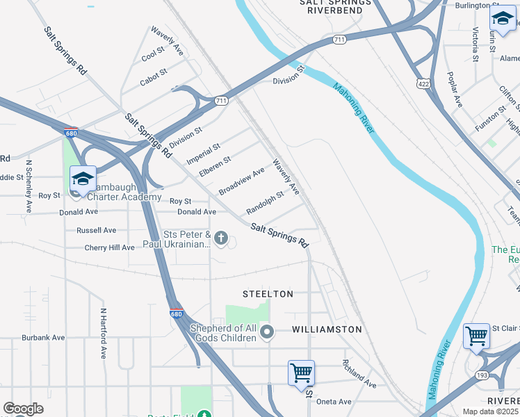 map of restaurants, bars, coffee shops, grocery stores, and more near 365 Randolph Street in Youngstown