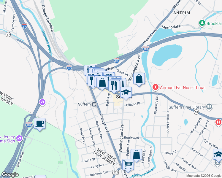 map of restaurants, bars, coffee shops, grocery stores, and more near 74 Lafayette Avenue in Suffern