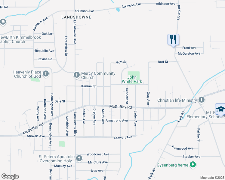map of restaurants, bars, coffee shops, grocery stores, and more near 1117 Miami Avenue in Youngstown