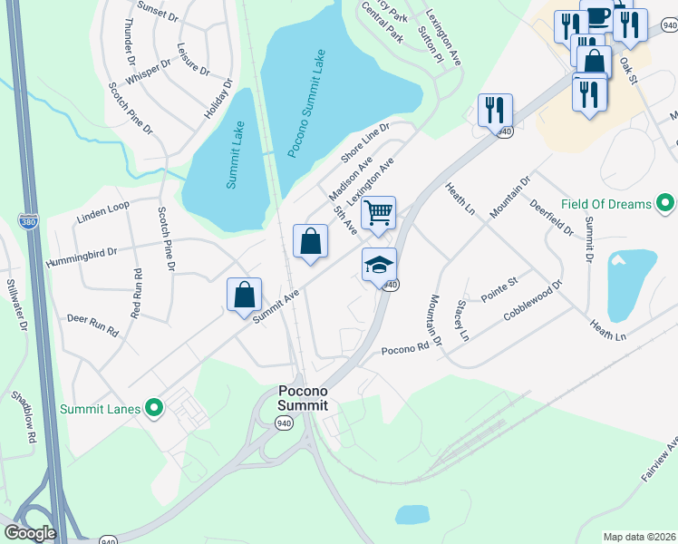 map of restaurants, bars, coffee shops, grocery stores, and more near 2971 Pennsylvania 940 in Mount Pocono