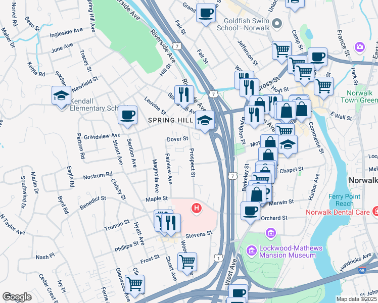 map of restaurants, bars, coffee shops, grocery stores, and more near 22 Bedford Avenue in Norwalk
