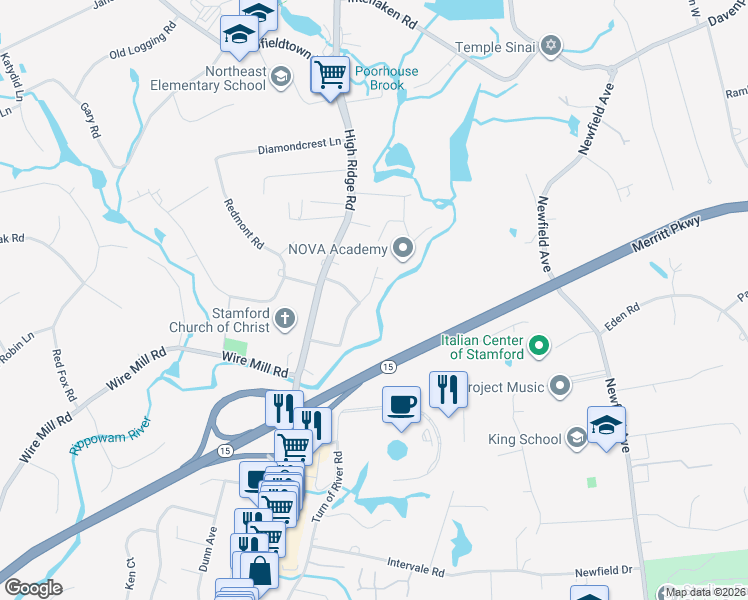 map of restaurants, bars, coffee shops, grocery stores, and more near 57 Willard Terrace in Stamford