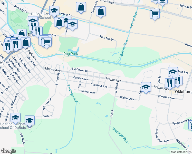map of restaurants, bars, coffee shops, grocery stores, and more near 71-99 South 6th Street in DuBois
