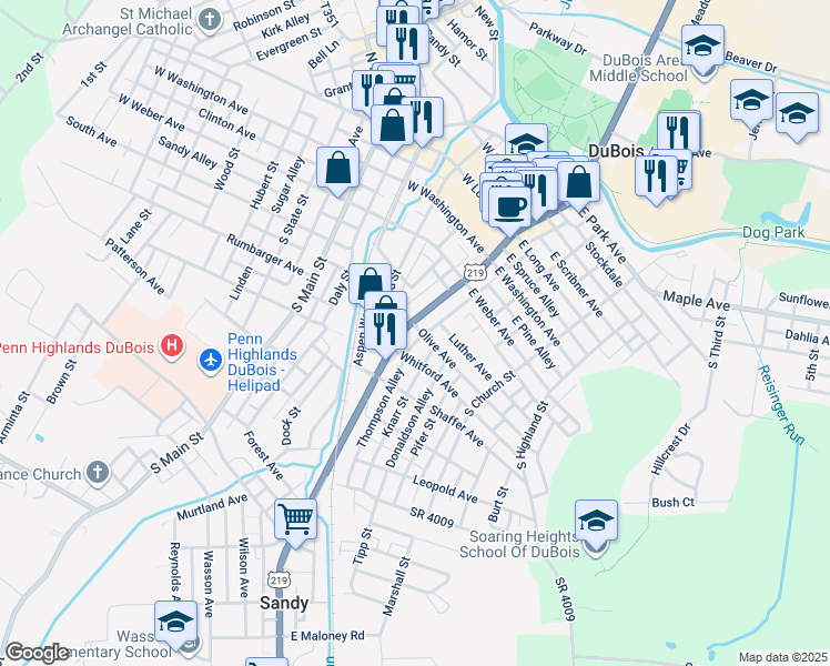 map of restaurants, bars, coffee shops, grocery stores, and more near Thompson Alley in DuBois