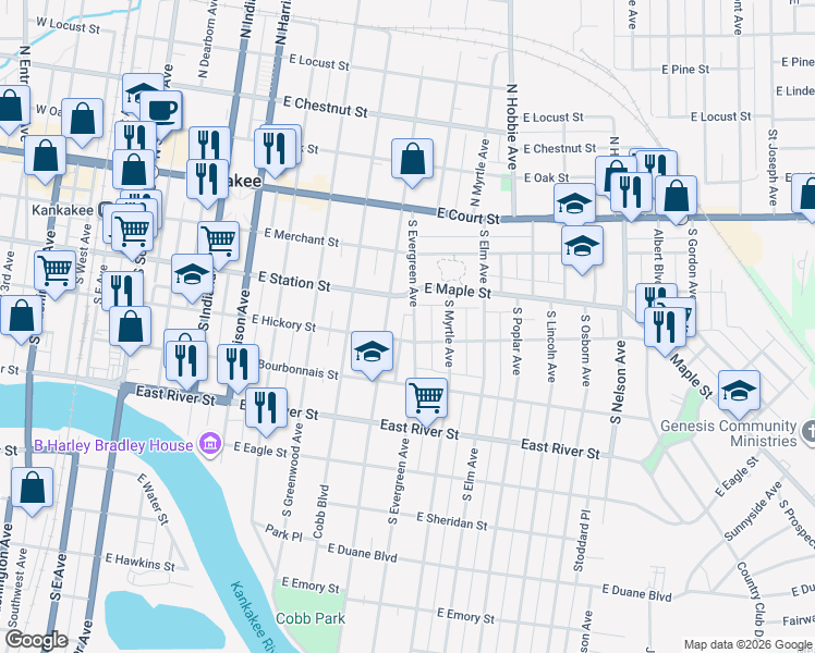 map of restaurants, bars, coffee shops, grocery stores, and more near 404 South Evergreen Avenue in Kankakee