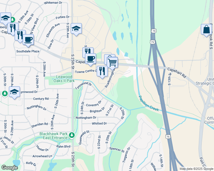 map of restaurants, bars, coffee shops, grocery stores, and more near 1900 Scarborough Drive in Bellevue