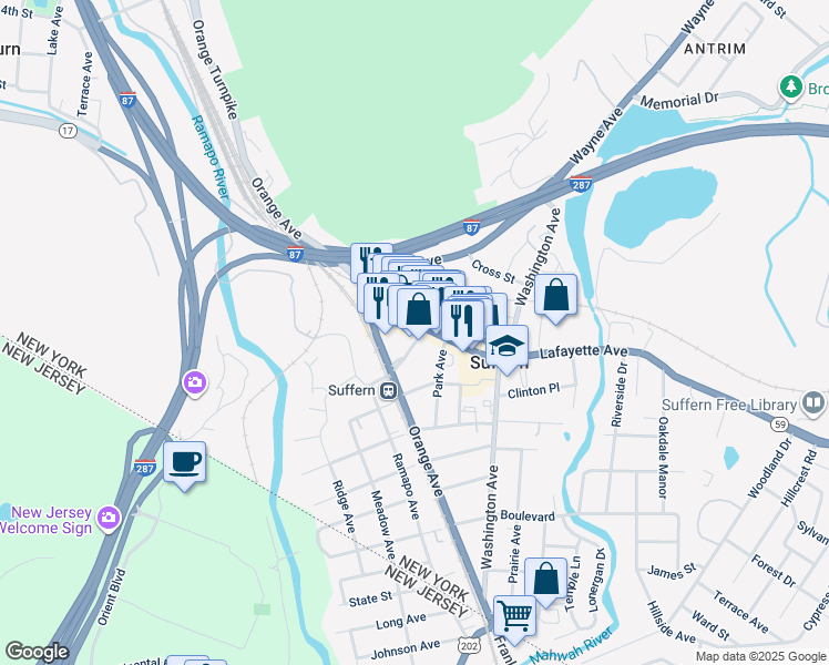map of restaurants, bars, coffee shops, grocery stores, and more near 35 Park Avenue in Suffern