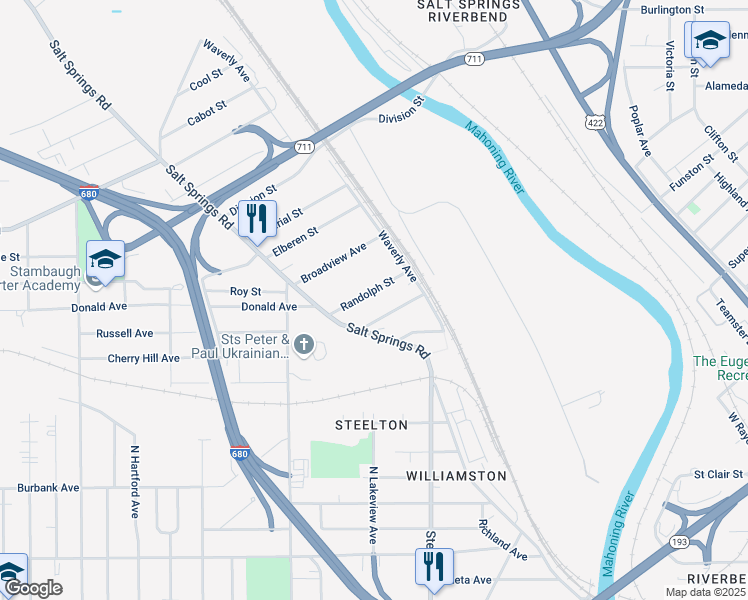 map of restaurants, bars, coffee shops, grocery stores, and more near 345 Bessemer Street in Youngstown