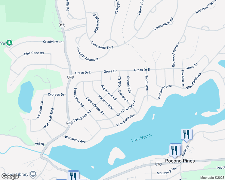 map of restaurants, bars, coffee shops, grocery stores, and more near 2107 Oak Road in Pocono Pines