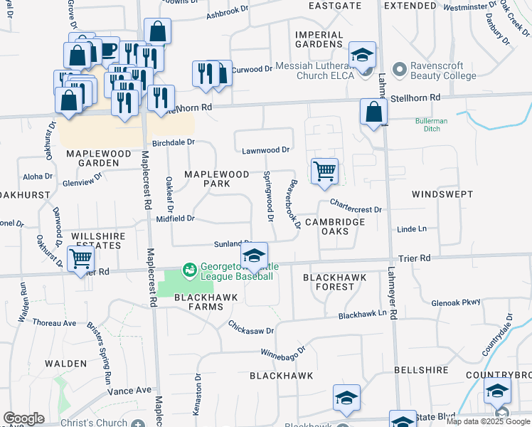 map of restaurants, bars, coffee shops, grocery stores, and more near 4011 Springwood Drive in Fort Wayne