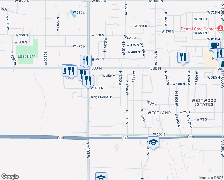 map of restaurants, bars, coffee shops, grocery stores, and more near 1817 West 150 North in West Point