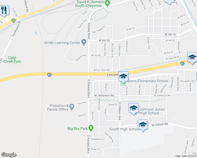 map of restaurants, bars, coffee shops, grocery stores, and more near 1616 West Leisher Road in Cheyenne