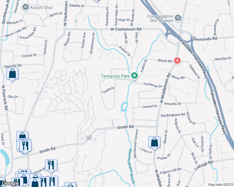 map of restaurants, bars, coffee shops, grocery stores, and more near 111 Tennyson Drive in Nanuet