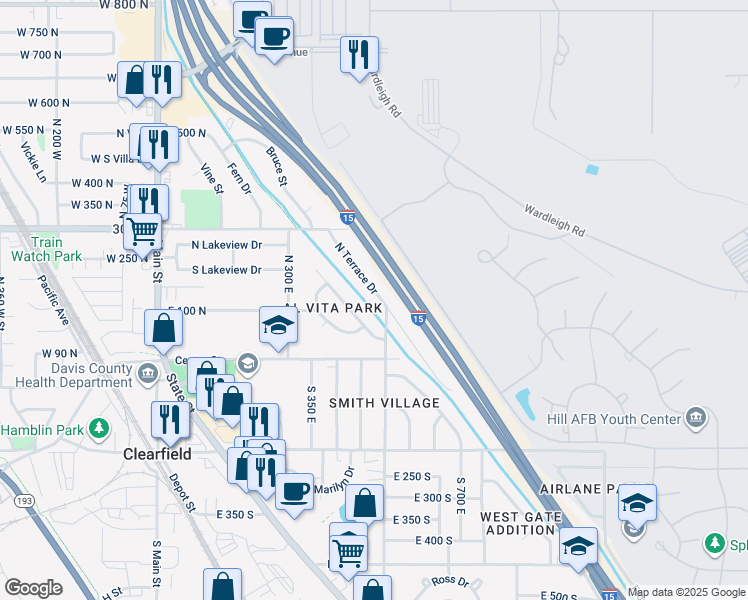 map of restaurants, bars, coffee shops, grocery stores, and more near 131 North Terrace Drive in Clearfield