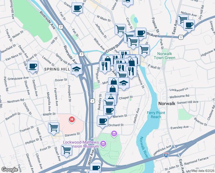 map of restaurants, bars, coffee shops, grocery stores, and more near 9 Mott Avenue in Norwalk