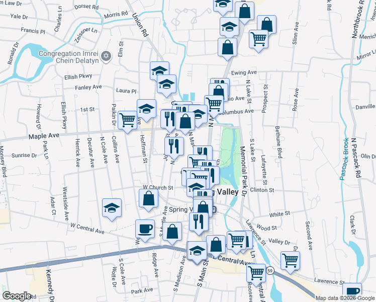map of restaurants, bars, coffee shops, grocery stores, and more near 49 North Madison Avenue in Spring Valley