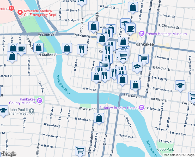 map of restaurants, bars, coffee shops, grocery stores, and more near 431-433 South Washington Avenue in Kankakee