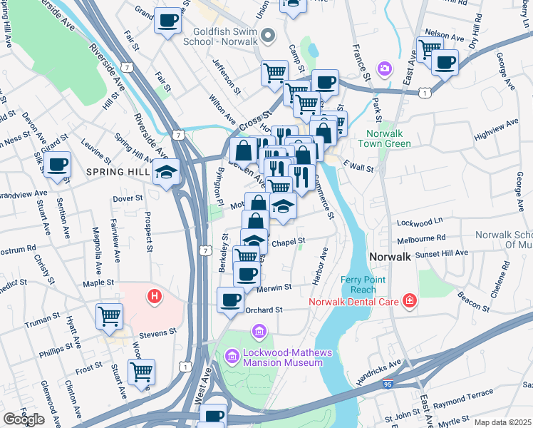 map of restaurants, bars, coffee shops, grocery stores, and more near 51 Isaacs Street in Norwalk