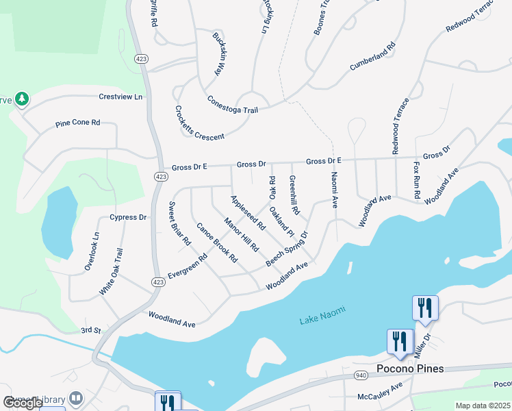 map of restaurants, bars, coffee shops, grocery stores, and more near 2107 Oak Road in Pocono Pines