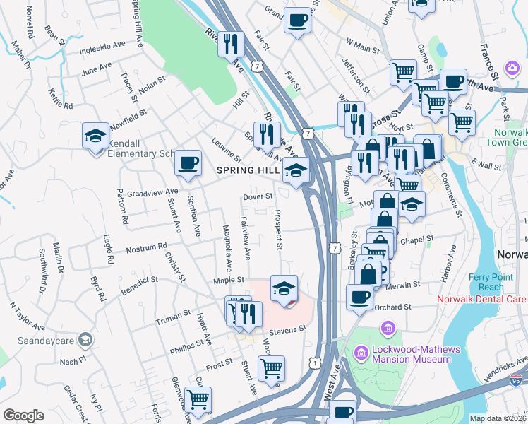 map of restaurants, bars, coffee shops, grocery stores, and more near 7 Dover Street in Norwalk