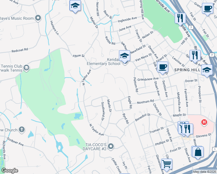 map of restaurants, bars, coffee shops, grocery stores, and more near 7 Rockmeadow Road in Norwalk