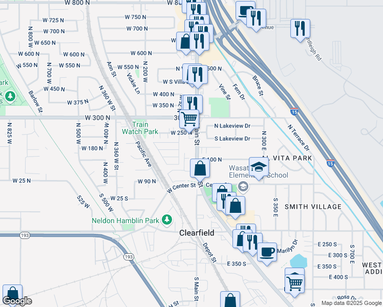 map of restaurants, bars, coffee shops, grocery stores, and more near 101 North Main Street in Clearfield