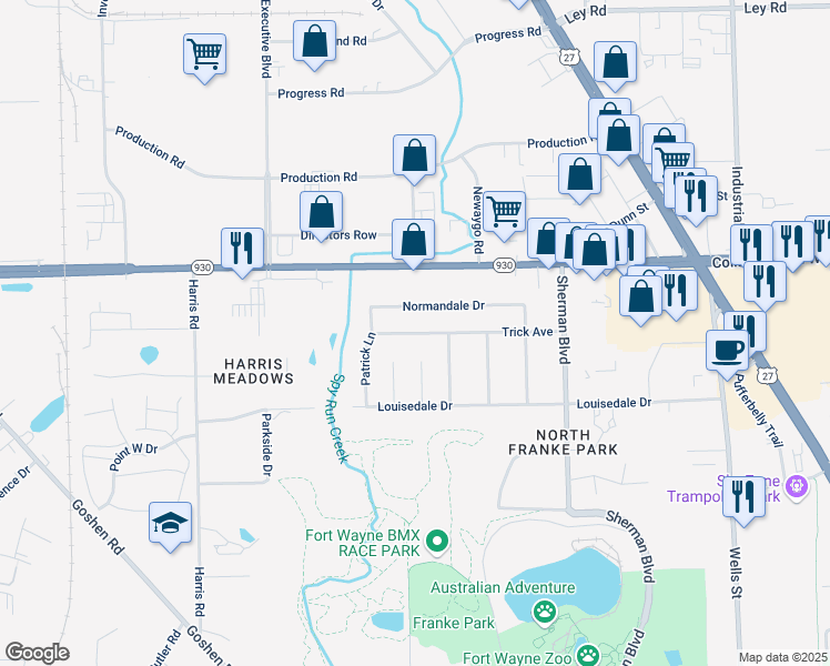 map of restaurants, bars, coffee shops, grocery stores, and more near Trick Avenue in Fort Wayne