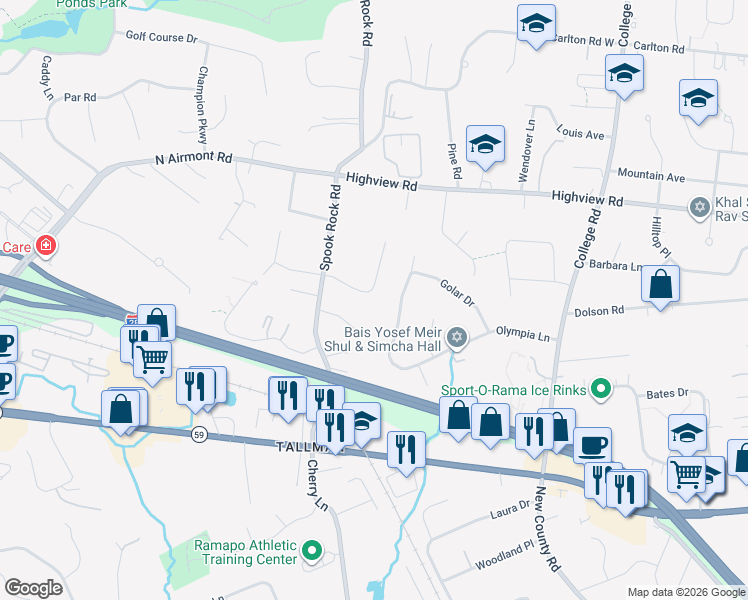 map of restaurants, bars, coffee shops, grocery stores, and more near 13 East Stemmer Lane in Suffern