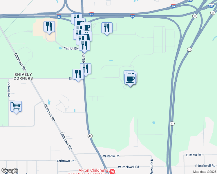 map of restaurants, bars, coffee shops, grocery stores, and more near 603 North Canfield Niles Road in Youngstown