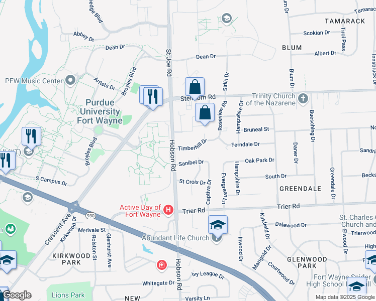 map of restaurants, bars, coffee shops, grocery stores, and more near 3336 Timberhill Drive in Fort Wayne